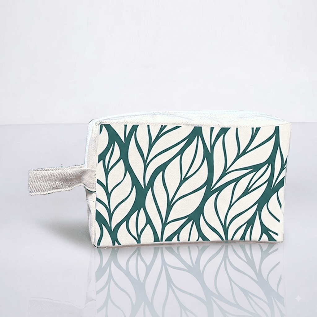Sea Green Leaves Cosmetic Make Up Pouch
